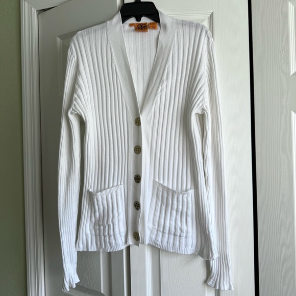 TORY BURCH Ribbed Cotton Button Up Cardigan with Pockets - Picture 1 of 6